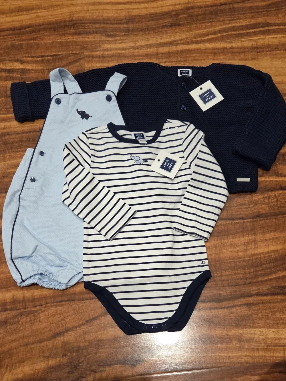 Janie and Jack NWT 6-12 Months Striped Bodysuit, Elephant Shortalls and Sweater
